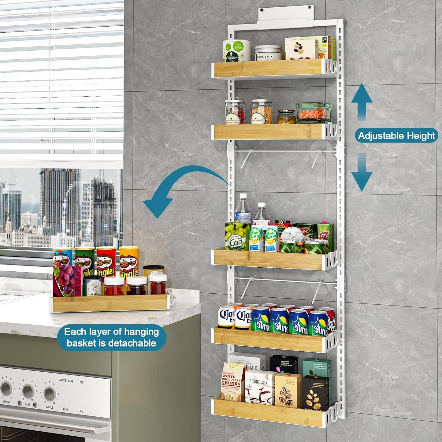 bukfen Over the Door Pantry Organizer 6-Tier Adjustable Basket Kitchen Pantry Door Organization and Storage, 2 in 1 Wall Mount or Hanging Heavy-Duty Metal Hanging Kitchen Spice Rack,White Bamboo Color