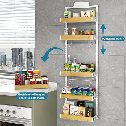 bukfen Over the Door Pantry Organizer 6-Tier Adjustable Basket Kitchen Pantry Door Organization and Storage, 2 in 1 Wall Mount or Hanging Heavy-Duty Metal Hanging Kitchen Spice Rack,White Bamboo Color