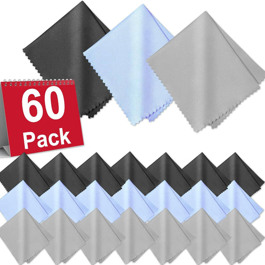 60-Pack Microfiber Cleaning Cloths for Glasses, 6x7 Inch Premium Lens Cleaning Cloth for Screens, Cameras, Eyeglasses, Cell Phone, LCD TV Screens，Black，Grey and Light Blue