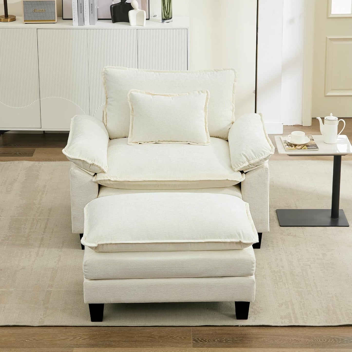 URRED Modular Sectional Sofa Comfy Cloud Couch, Modern Chenille Sofa Sleeper Deep Seat Couches with Ottoman/Pillows for Living Room (White, 53''- Ottoman)