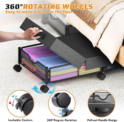 2 Pack Under Bed Storage with Wheels, 36" Lengthen Underbed Storage Containers with Lids, Large Capacity Under Bed Shoe Storage, Metal Clothes Organizer, Storage Box for Clothing Shoes Blankets Sheet