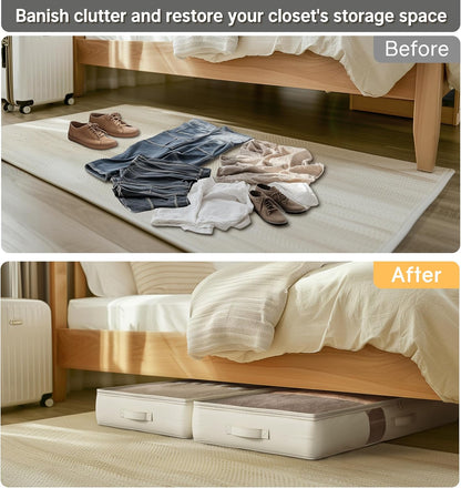 Under Bed Storage Containers with Window, Closet Organizers and Storage Bags, Foldable Underbed Storage Bags for Blankets, Clothing, Comforter, Linen Sheets, Wrapping Paper, 2 Pack, White Ivory