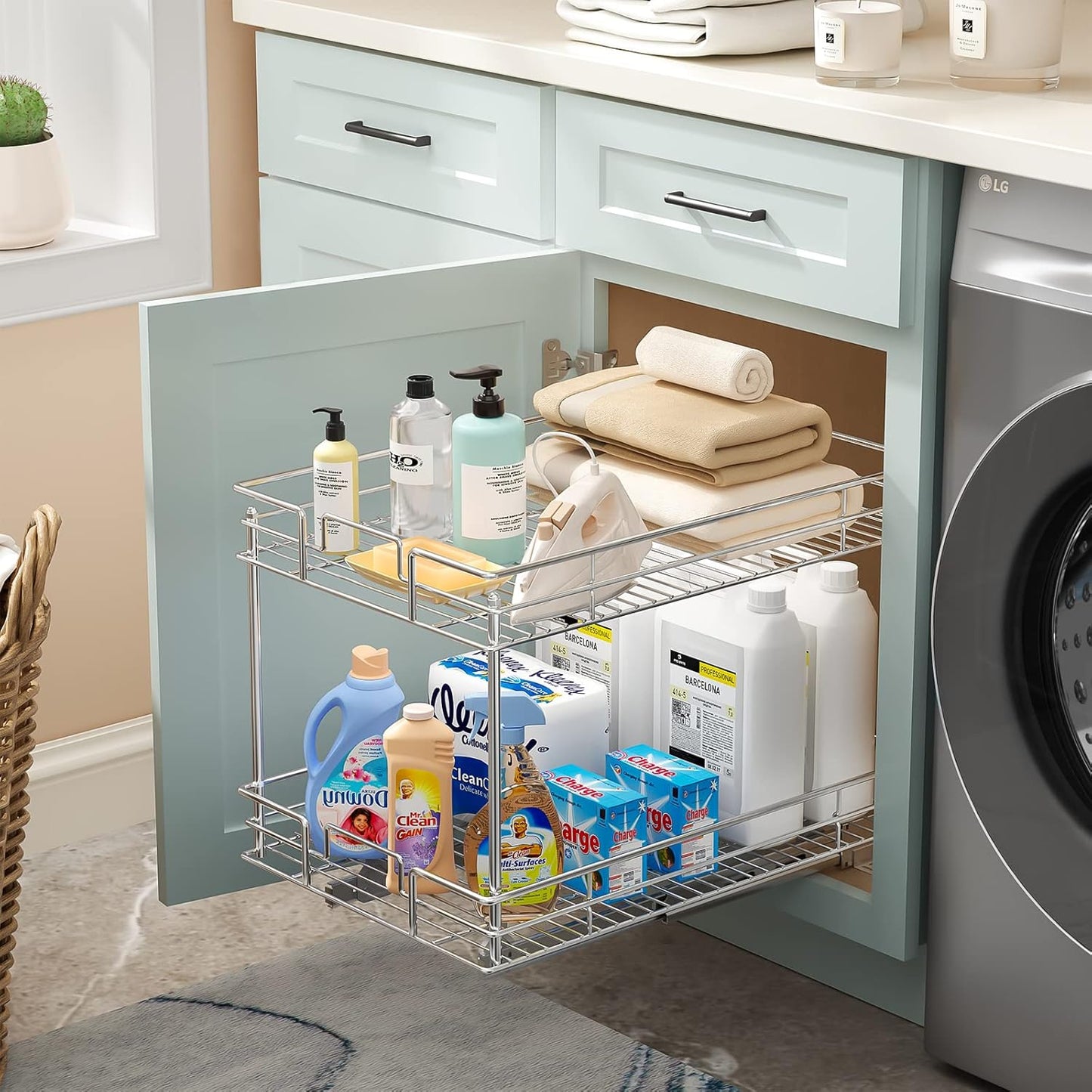 ROOMTEC Pull Out Cabinet Organizer 20" W x 21" D, Kitchen Cabinet Organizer and Storage 2-Tier Cabinet Pull Out Shelves Under Cabinet Storage for Kitchen Chrome