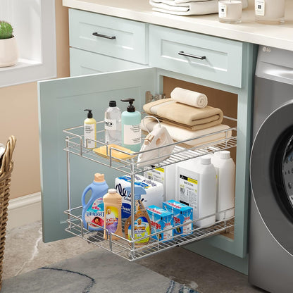 ROOMTEC Pull Out Cabinet Organizer, Kitchen Cabinet Organizer and Storage 2-Tier Cabinet Pull Out Shelves for Kitchen,Under Sink Organizers and Storage 17" W x 21" D Chrome