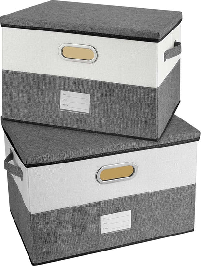Large Linen Fabric Foldable Storage Bins with Removable Lid and Handles, Washable Storage Box Organizer Containers Baskets Cube with Cover for Bedroom,Office (Grey&Cream, Medium(2-Pack))