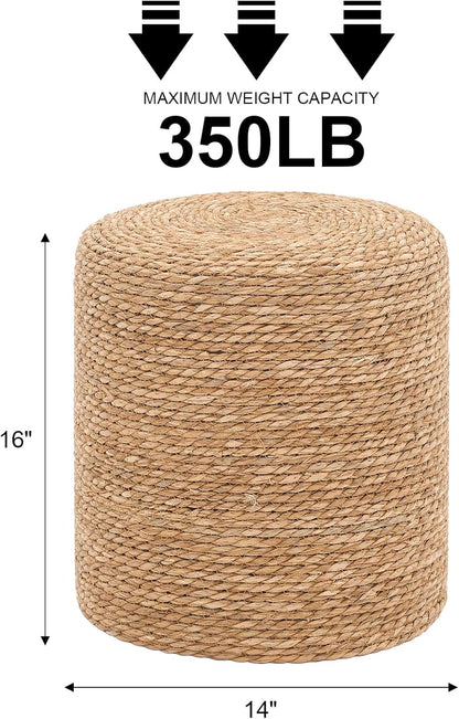 16'' Round Ottoman Natural Seagrass Braided Poof Hand Weaving Round Ottomans Boho Footrest Stool for Home Living Room Bedroom Patio(Natural)