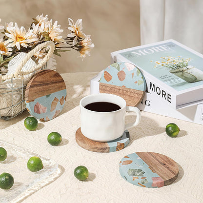 Drink Acacia Wood-Marble Coasters Set of 4,Cup Coaster for Coffee,Beverage,Cute Modern Cool Coasters for Home Decor,Table Desk Coaster Set for Housewarming,Living Room Decor (Green-Wooden)