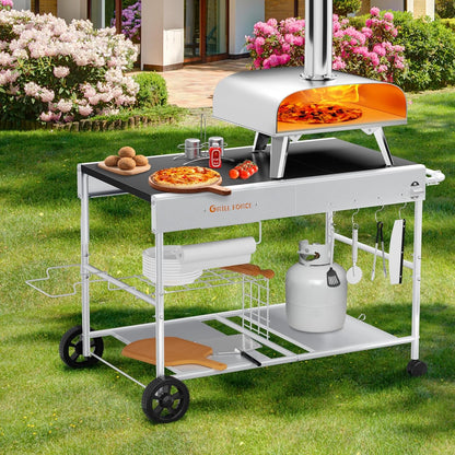 Outdoor Pizza Oven Table for Ninja Woodfire, Blackstone Tabletop Grill, Portable Grill Cart & Food Prep Work Table, Movable Pizza Oven Cart for Backyard BBQ and Patio Parties