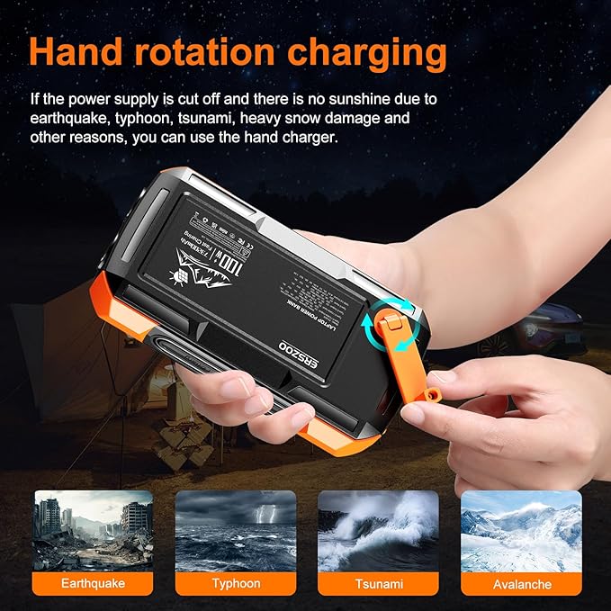 Solar Charger Power Bank 73200mAh, Portable Laptop Charger with 100W USB-C in/Output, Built-in Cables, Hand Crank Power Bank for Mobile Phones, Ideal for Outdoor Use with SOS/Strobe/Strong (orange)