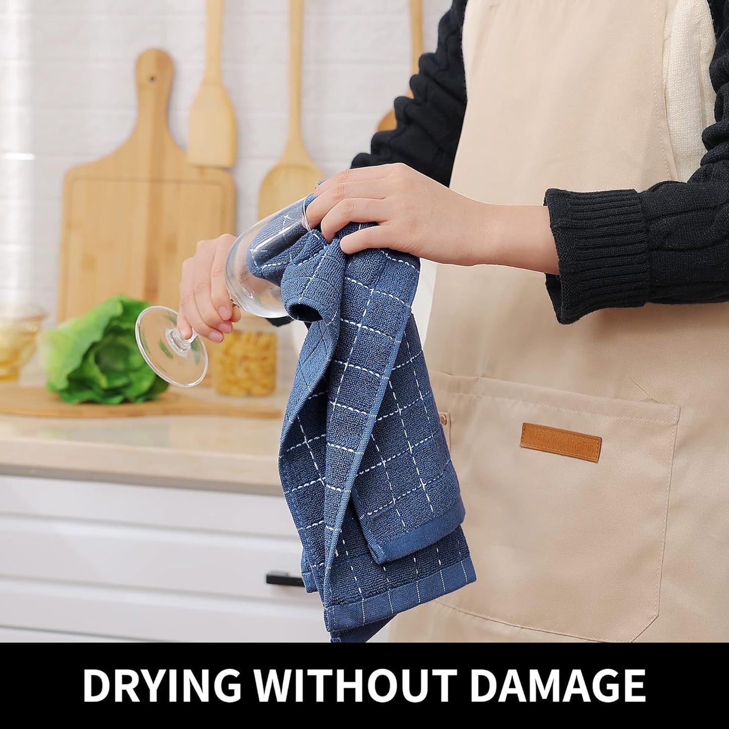 Homaxy 100% Cotton Terry Kitchen Towels(Navy Blue, 13 x 28 inches), Checkered Designed, Soft and Super Absorbent Dish Towels, 4 Pack