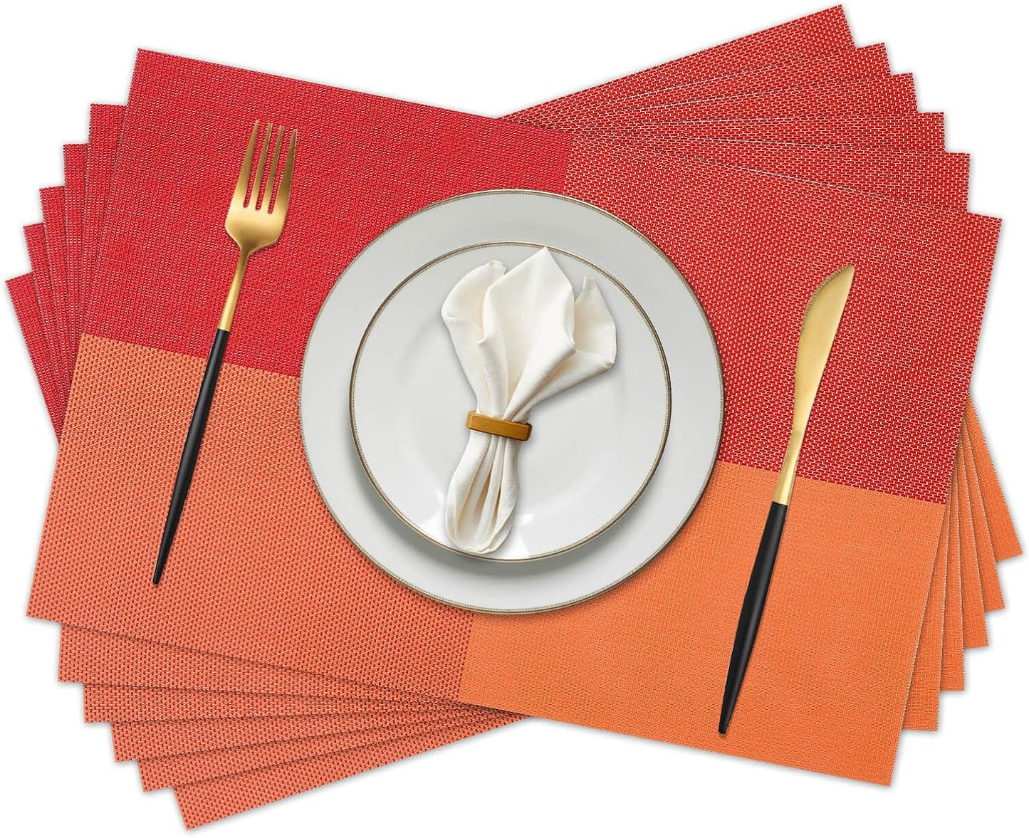 Vinyl Plastic Placemats Set of 6 Washable Heat Resistant Non-Slip Elegant Indoor Outdoor Kitchen Dining PVC Woven Table Place Mats (Orange Red Lattice Block)