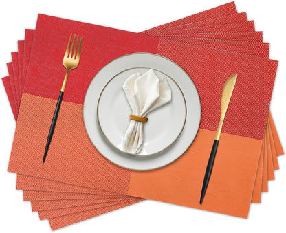 Vinyl Plastic Placemats Set of 6 Washable Heat Resistant Non-Slip Elegant Indoor Outdoor Kitchen Dining PVC Woven Table Place Mats (Orange Red Lattice Block)