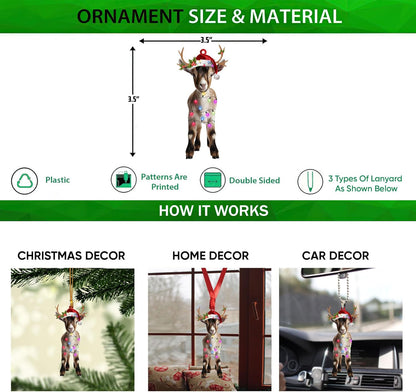 Talataca Goat 2D Flat Christmas Ornament, Goat Wearing Christmas Hat Reindeer with String Lights Pine Tree Decor, Hanging House Charm Eve Keepsake, Car Rear View Mirror Accessories, Xmas Gift