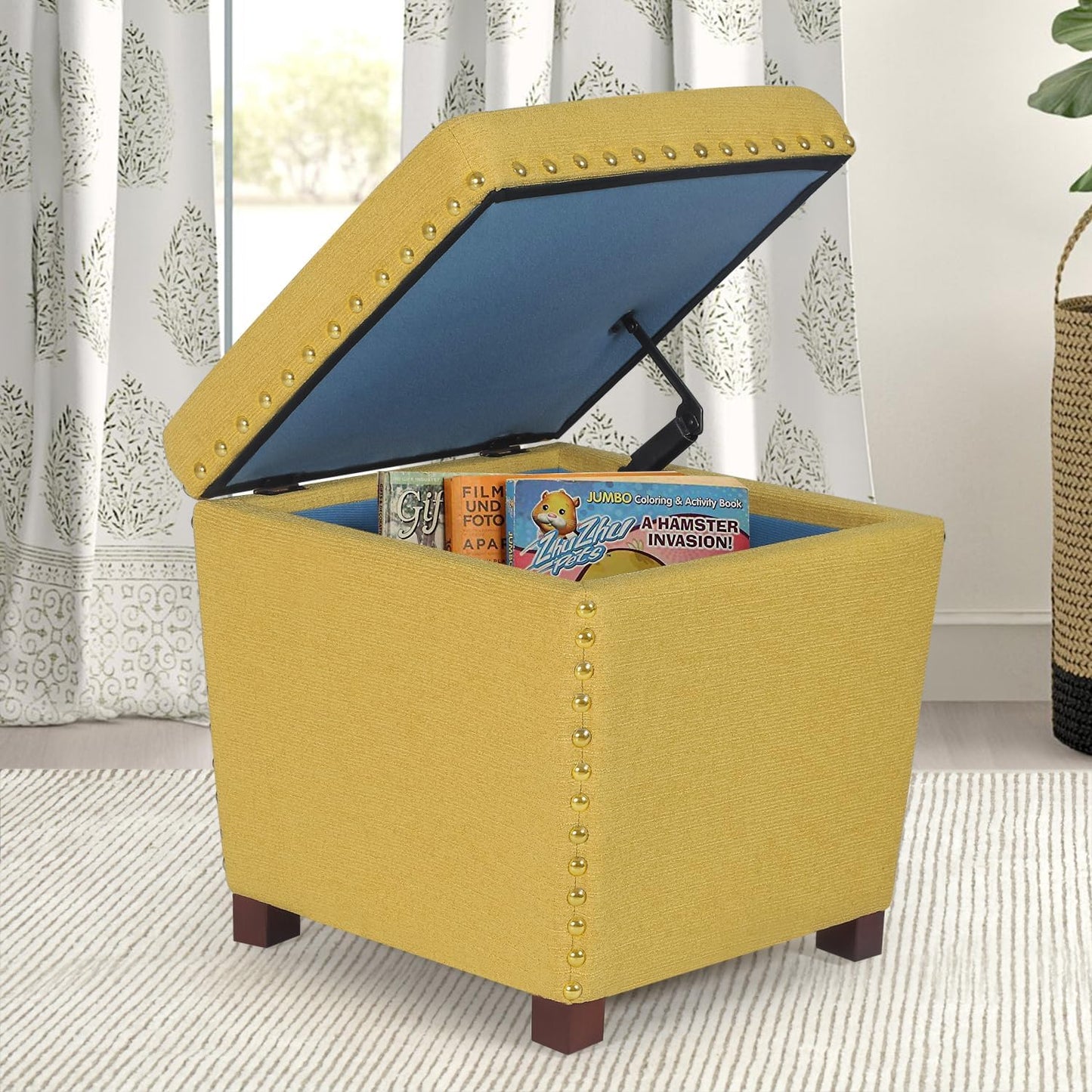 Adeco Square Storage Ottoman with Hinged Lid, Modern Accent Bench Footrest Stool, Coffee Table for Living Room Bedroom,Yellow Large