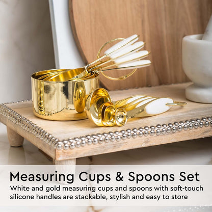 White and Gold Kitchen Utensils Set - 23-Piece Gold Kitchen Accessories Include Measuring Cups and Spoons Set, Silicone Utensils, and Utensil Holder for Baking, Cooking, and Stylish Kitchen Decor