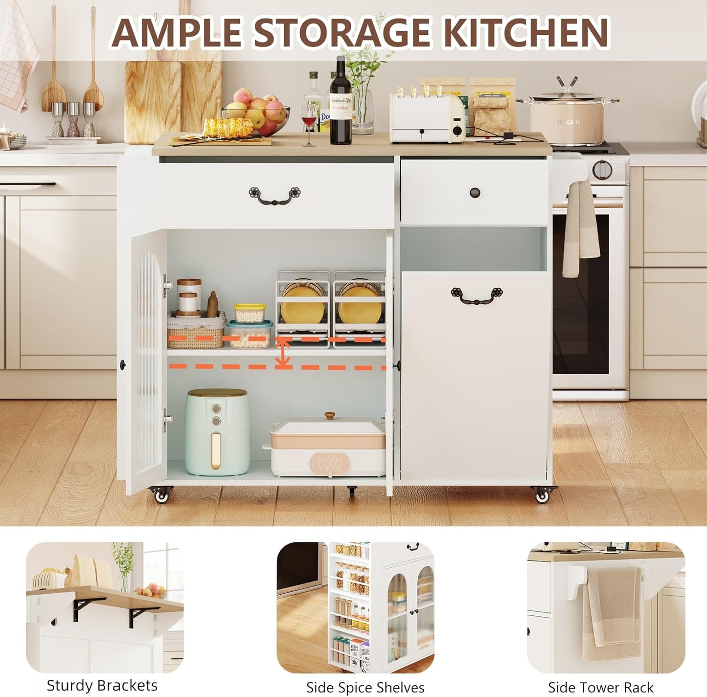 Kitchen Island with Drop Leaf & Power Outlet, Rolling Kitchen Island on Wheels with Trash Can Storage, Island Table Bar Cart with Spice Rack, Towel Rack, Drawers, Mobile Kitchen Carts on Wheels