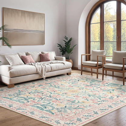 Wonnitar Floral Large Rugs for Living Room, Soft Light Pink Rug Washable 9x12 Carpet Non Slip, Boho Foldable Non-Shedding Kids Carpet for Bedroom Girls Nursery Dorm Playroom