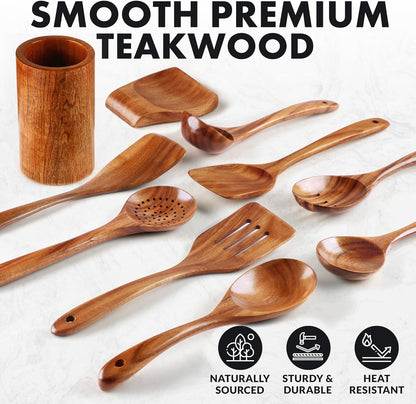 Zulay Kitchen 10-Piece Wooden Spoons for Cooking - Smooth Finish Teak Wooden Utensils for Cooking - Soft Comfort-Grip Wood Spoons for Cooking - Non-Stick Wooden Cooking Utensils - Wooden Spoon Sets