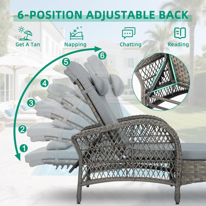 VIVIJASON Outdoor Wicker Chaise Lounge Chair Set of 2, All-Weather PE Rattan Cushioned Patio Lounger Chairs, 6-Position Adjustable Outside Pool Sunbathing Recliner with Armrest & Pillow, Gray