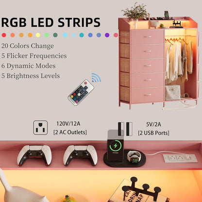 LUMTOK 2-in-1 Dresser with Hanging Racks,5 Fabric Drawers Dressers with LED Lights, Charging Station for Bedroom Living Room, Entryway, Closets (Pink)