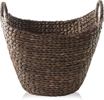 Casafield Large Laundry Boat Basket with Handles - Espresso, Woven Water Hyacinth Multipurpose Storage Organizer for Throw Blankets, Bathroom, Bedroom, Living Room