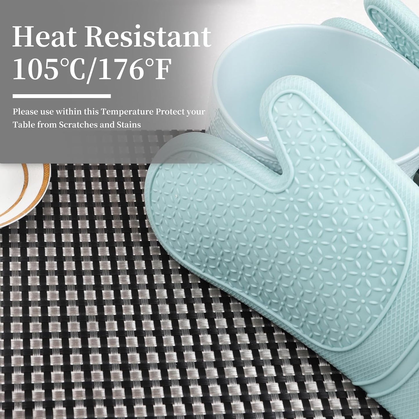 Vinyl Plastic Placemats Set of 6 Washable Heat Resistant Non-Slip Elegant Indoor Outdoor Kitchen Dining PVC Woven Table Place Mats (Black Silver Weaving)