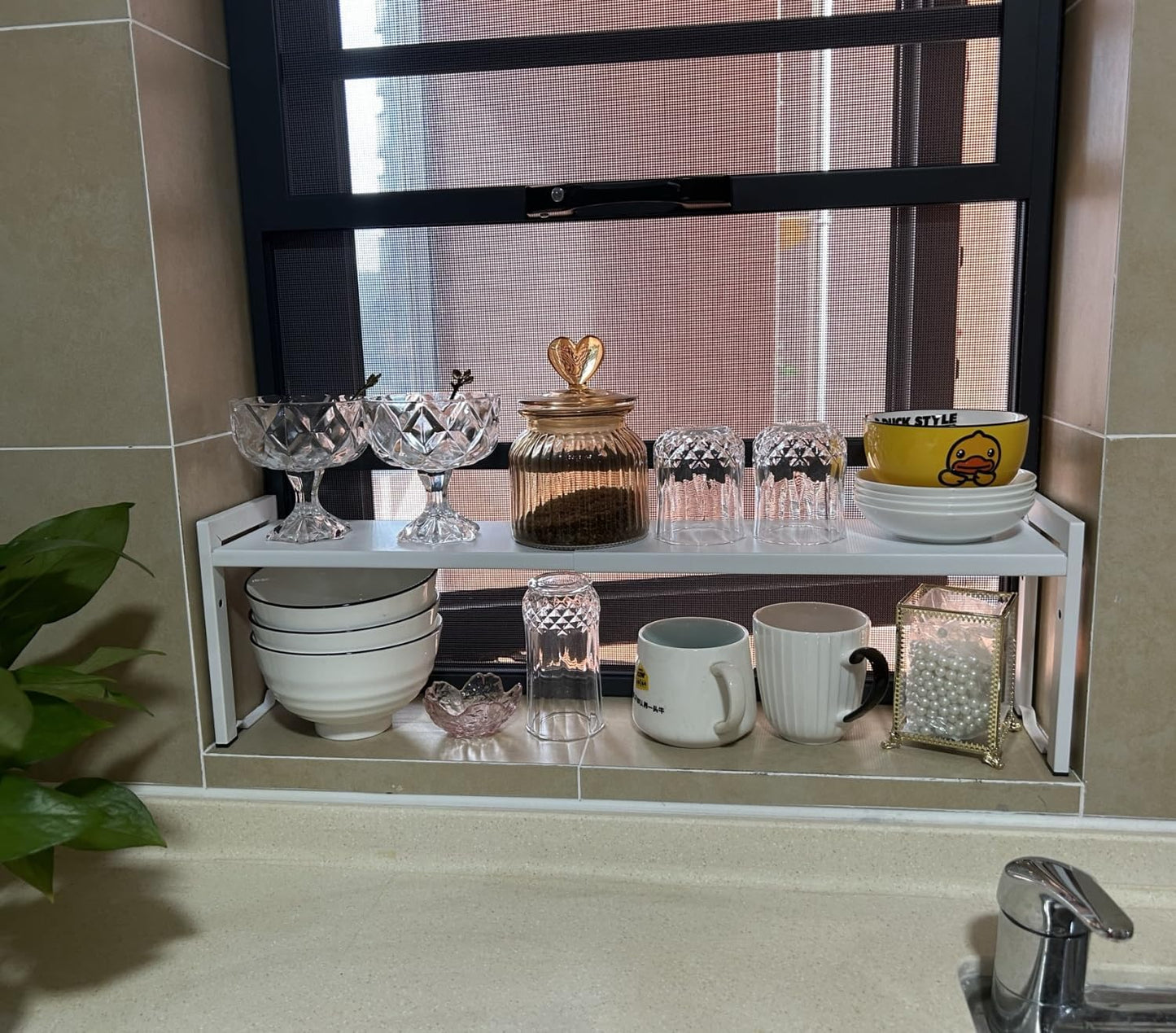 Expandable Cabinet Shelf Organizer 16-26" L Stackable Kitchen Counter Shelf Rack Stand Sink Riser Countertop Storage White (Narrow 5.1”D)