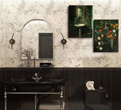 3Pcs Framed Vintage Dark Green Bathroom Wall Art Shower Toilet Paper Roll Floral Poster Print Modern Farmhouse plants Painting Picture Wall Decor For Bathroom Living Room Decoration