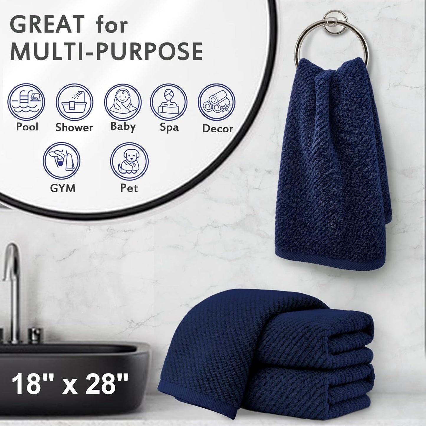 VOOVA & MOVAS Bathroom Hand Towels Set of 4, 18"x 28" - 100% Cotton | Lightweight | Thick | Quick Dry | Soft | Absorbent, Blue Hand Towels for Bathroom, Towel Gift Set, Navy Blue