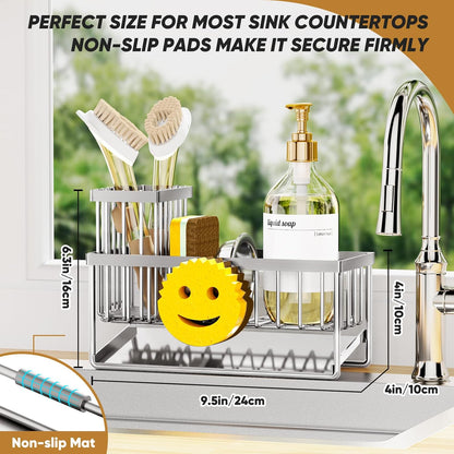 Sponge Holder for Kitchen Sink,Smiley Face Sink Caddy with Removable Brush Holder,Self-Draining Sponge Caddy for Soap,Dish Brush,Scrubber,Kitchen Essentials and Gadgets-Silver