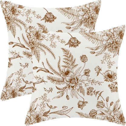 CXMEIFLY Spring Floral Leaves Pillow Covers 18 x 18 Inch Set of 2 for Chinoiserie Flowers Decor Throw Pillows Brown and White Seasonal Plant Outdoor Decorative Cushion Cases for Couch Bed Decorations