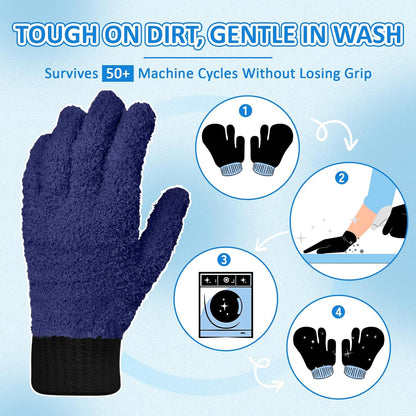 MIG4U 2 Pairs Microfiber Gloves - Dusting Gloves for House Cleaning - Washable Blind Cleaner Duster Tool (Navy,S/M)