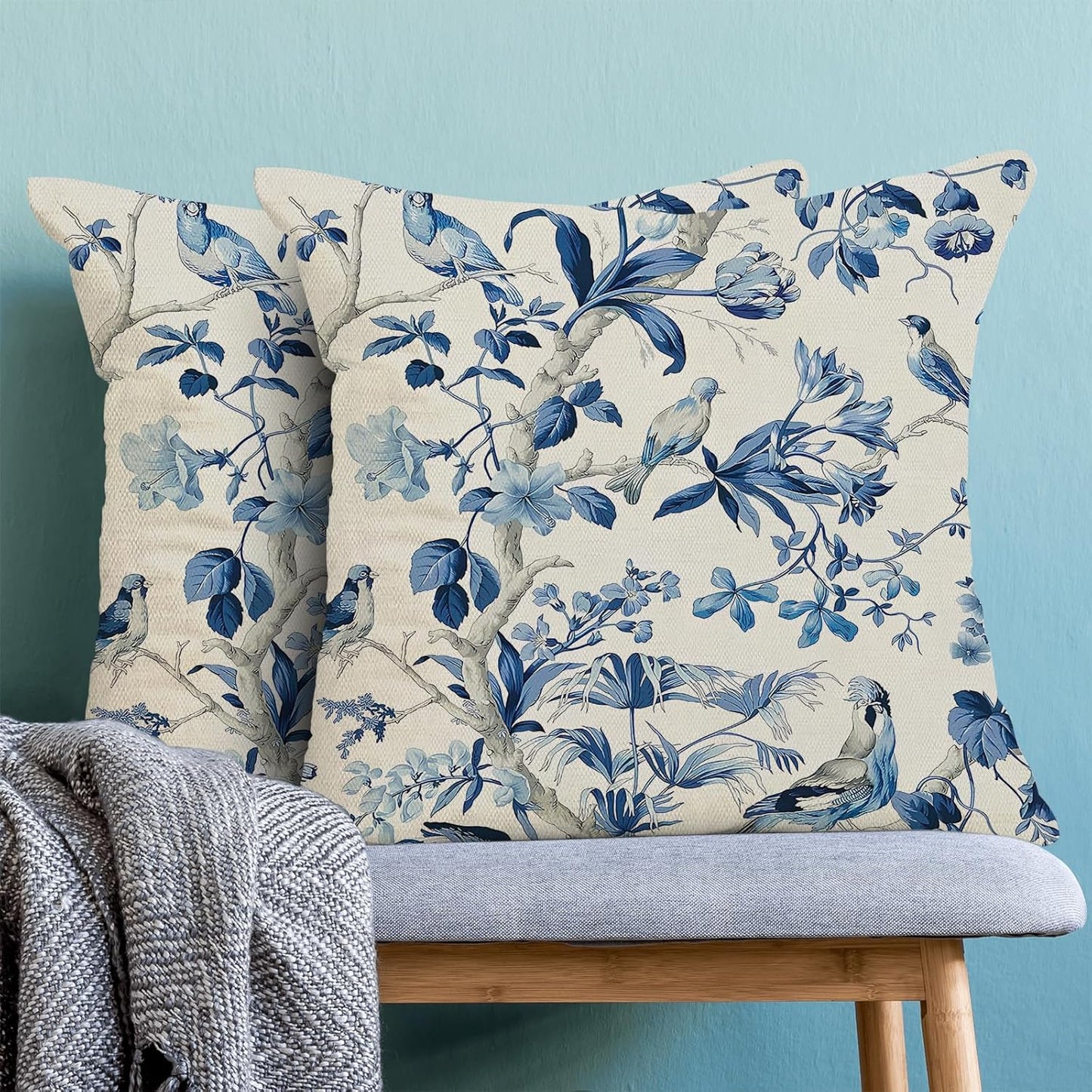 CXMEIFLY Navy Blue Spring Floral Pillow Covers 18 x 18 Inch Set of 2 for Chinoiserie Flowers Bird Decor Throw Pillows Vintage Plant Outdoor Decorative Cushion Cases for Couch Bed Decorations