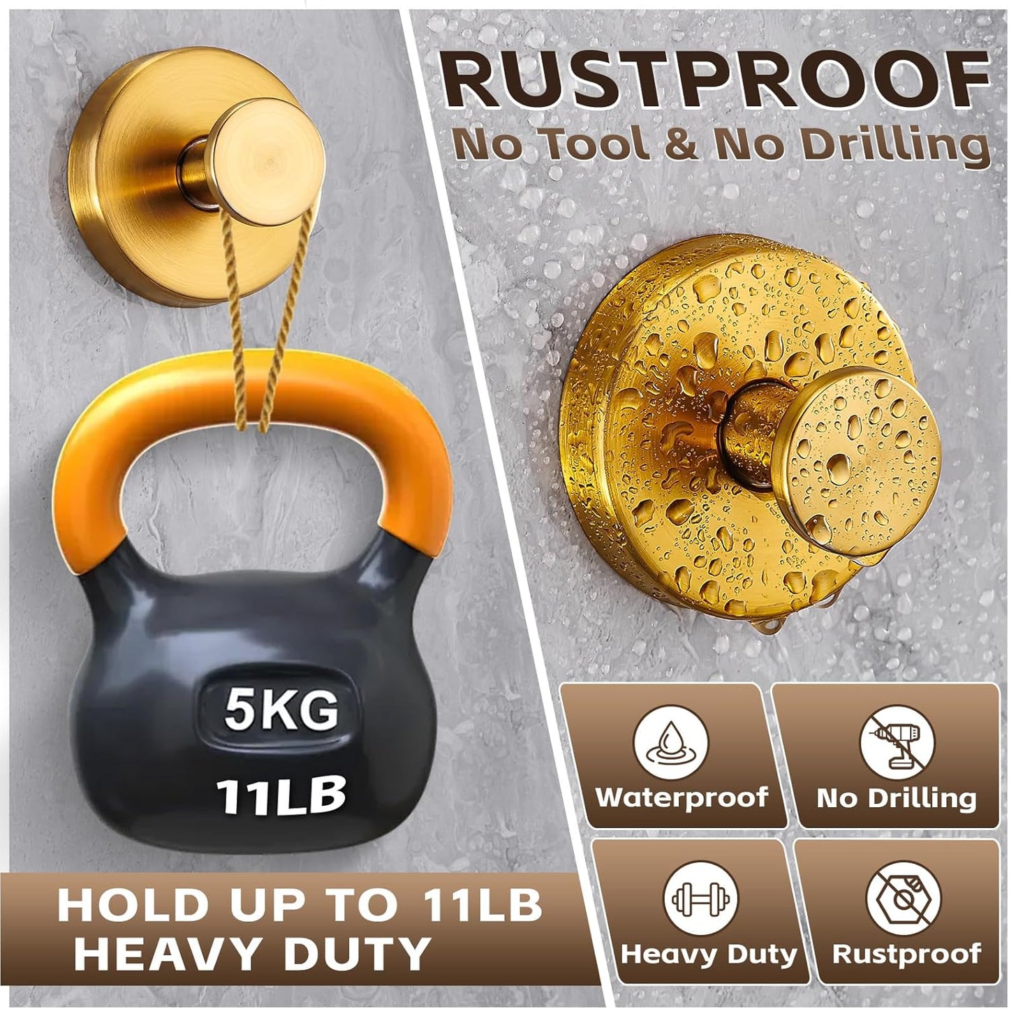 Reusable Heavy Duty Suction Cup Hooks for Kitchen/Bathroom/Shower - Wet-Proof Hooks for Towels, Robes, Loofah&Wreaths/No Drill Mounting on Glass, Tile, Metal (4, Brushed Gold)