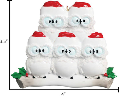 3D Owl Family of 5 Christmas Ornament 2025 Personalized Family Christmas Ornaments 2025 | White Holiday Keepsake Personalized Tree Ornaments Customizable Gifts Woodland Owls of Five Ornament Holly