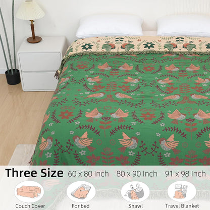 Boho Throw Blanket for Bed, 100% Pure Cotton Ultra Soft Rustic Quilt, Farmhouse Decor Bed Blankets, All Season Rustic Throw for Sofa Couch Chair(91''x 98'', Bird B)