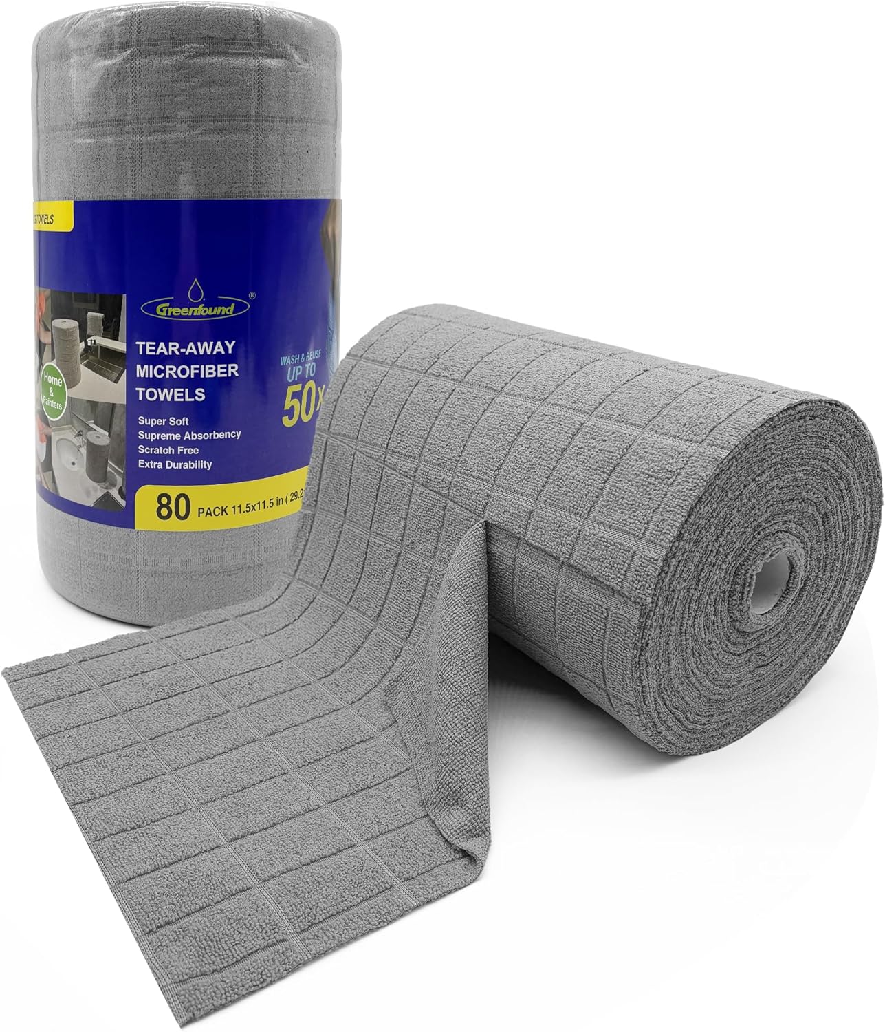 Greenfound Microfiber Cleaning Cloth Roll -80 Pack,Tear Away Towels for Car,Reusable Paper Towels Washable,Super Absorbent,Lint Free Cleaning Rags for House,Kitchen,Window-11.5"×11.5"(Check Grey)
