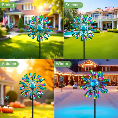 60'' Wind Spinner with Color Glass Ball Solar Lights, Green Peacock Feathers Metal Garden Outdoor Decor Yard Lawn Art Decor for Patio Kinetic Windmills Unique Gifts for Friends and Family