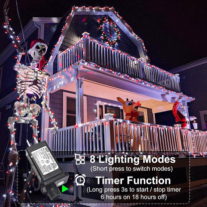 Christmas Lights Outdoor, 66FT 200 LED Christmas String Lights with 8 Modes Waterproof, Connectable Green Wire Twinkle Light for Indoor Patio Garden Xmas Party Holiday Decorations, Red White