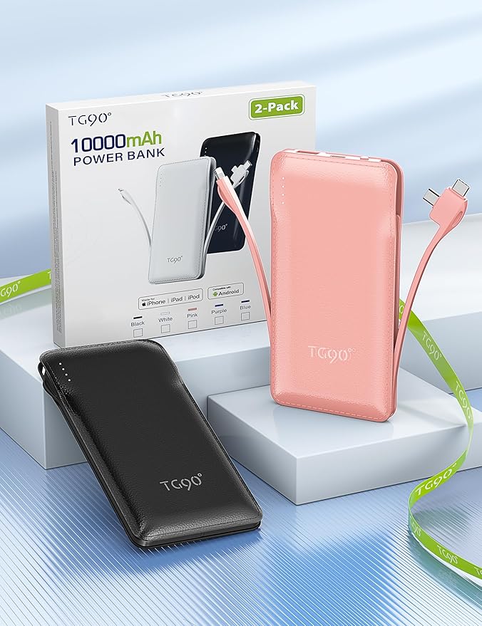 TG90° 2 Pack 10000mAh Portable Charger Slim Power Bank with Built in Cables,Travel Charger Cell Phone External Battery Pack,4 Output External Battery Pack Compatible with iPhone and Android Devices