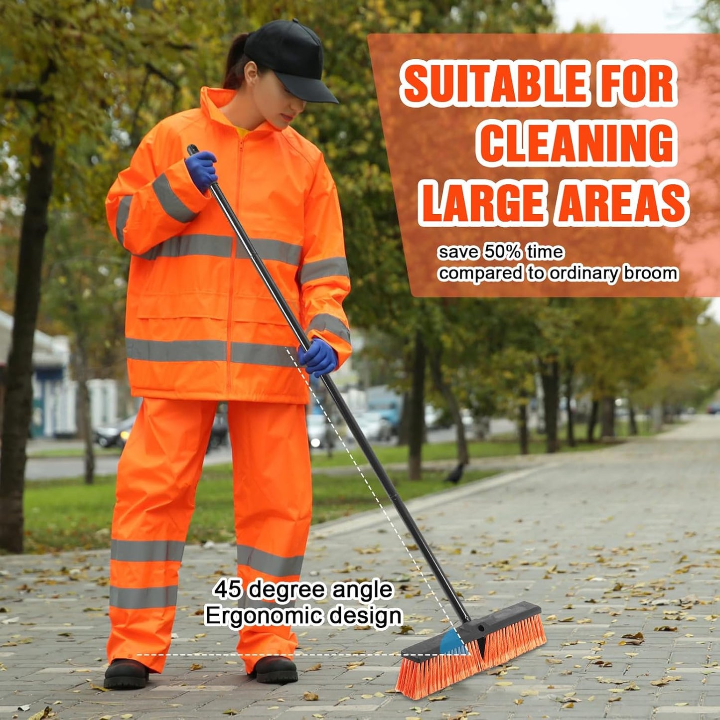 Zhehao 6 Pack 18 Inches Push Broom Outdoor, Multi Surface Garden Brush Broom with Adjustable 63" Long Handle for Deck, Driveway, Patio, Warehouse, Garage, Yard, Concrete Floor Cleaning (Orange)