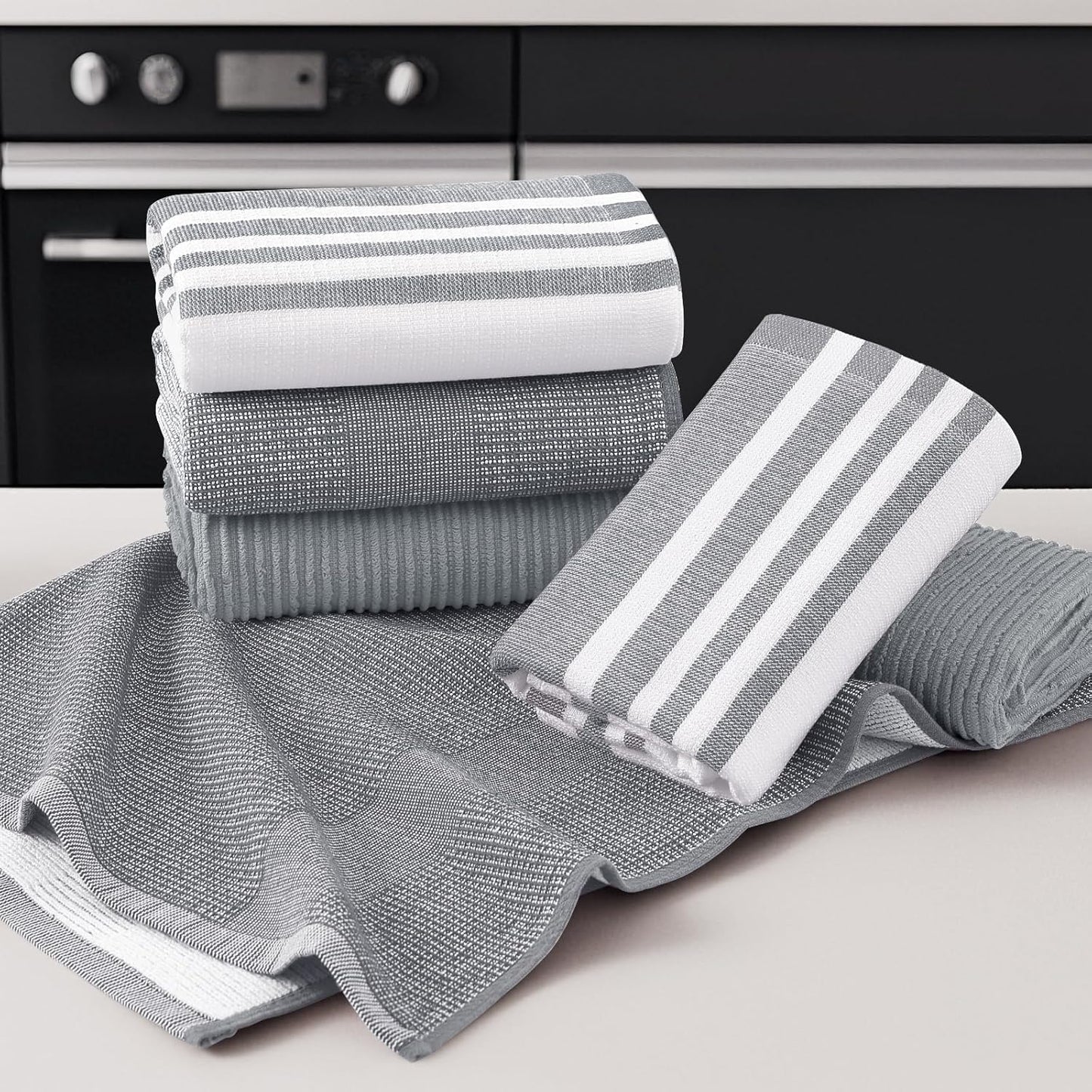 Homaxy Premium Kitchen Towels(18”x 28”, 3 Pack), Large Cotton 380 GSM Kitchen Hand Towels, Soft and Absorbent Terry Dish Towels, Multipurpose Tea Towel Set with Hanging Loop, Grey