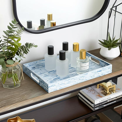 CLAYNIX Serving Tray 12.5 Inch, Wooden Lacquer Tray with Mother of Pearl Inlay, Elegant Tea & Breakfast Tray with Handles (Rectangle)