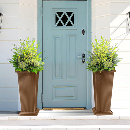 FENCY Set of 2 Tall Planters for Outdoor Plants, 24 Inch Large Tapered Pots with Drainage Trays, Weather-Resistant Plastic Plant Containers for Patio, Porch, Garden, Front Door Decor,Brown, Striped