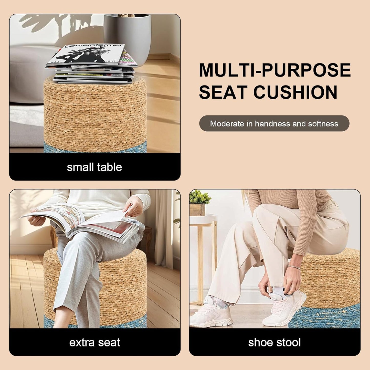 16'' Round Ottoman Natural Seagrass Braided Poof Hand Weaving Round Ottomans Boho Footrest Stool for Home Living Room Bedroom Patio(Natural&Blue)