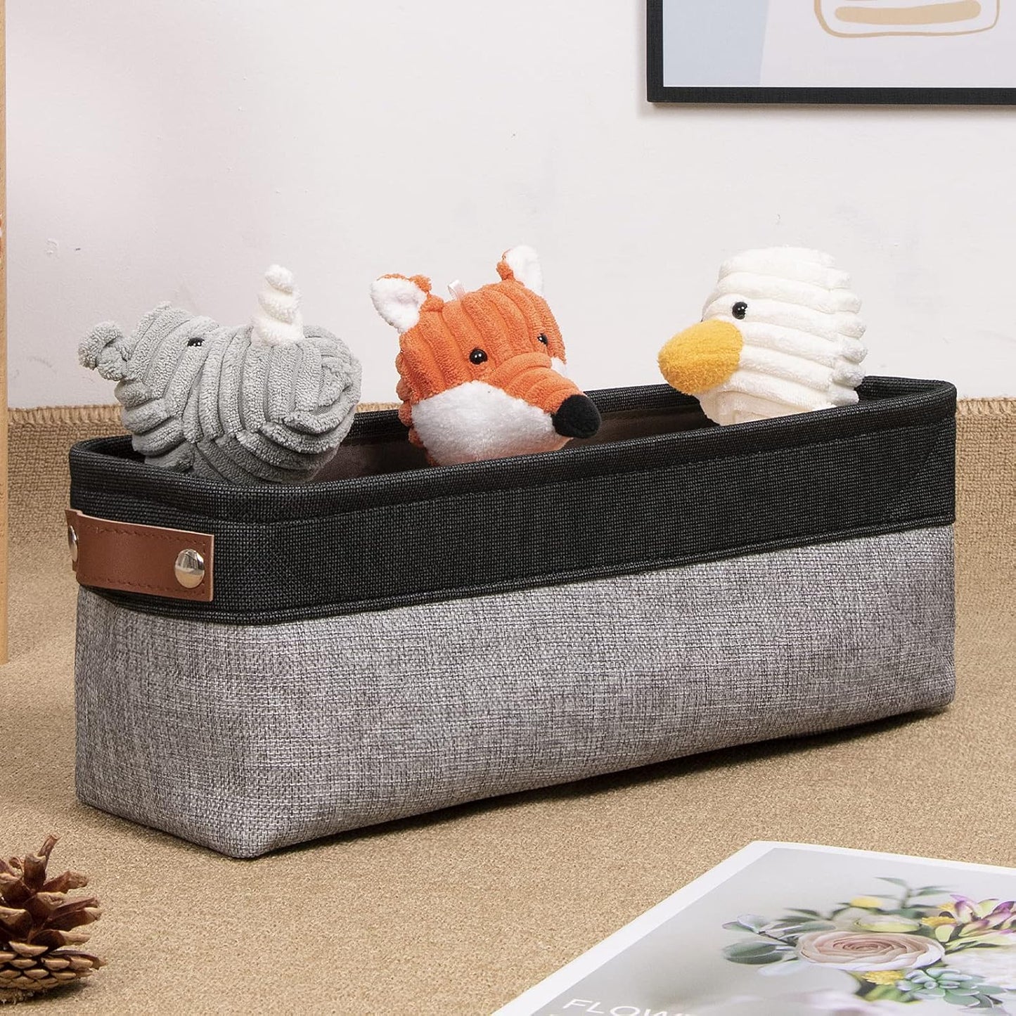 DULLEMELO Fabric Bathroom Storage Bin with Leather Handles, Narrow Organizer for Towels, Toilet Paper Rolls, Storage Basket for Back of Toilet, Vanities, Shelves & Cabinets (Black&Gray)