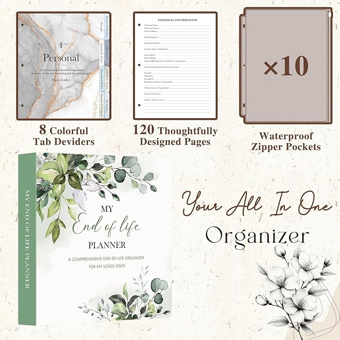 Lanpn End of Life Binder - 8.5x11, Final Wishes & Estate Document Folder with 8 Dividers & 10 Letter Size Binder Pockets, Death Planner Organizer, Before Death Life Plan When I Die Journal Book
