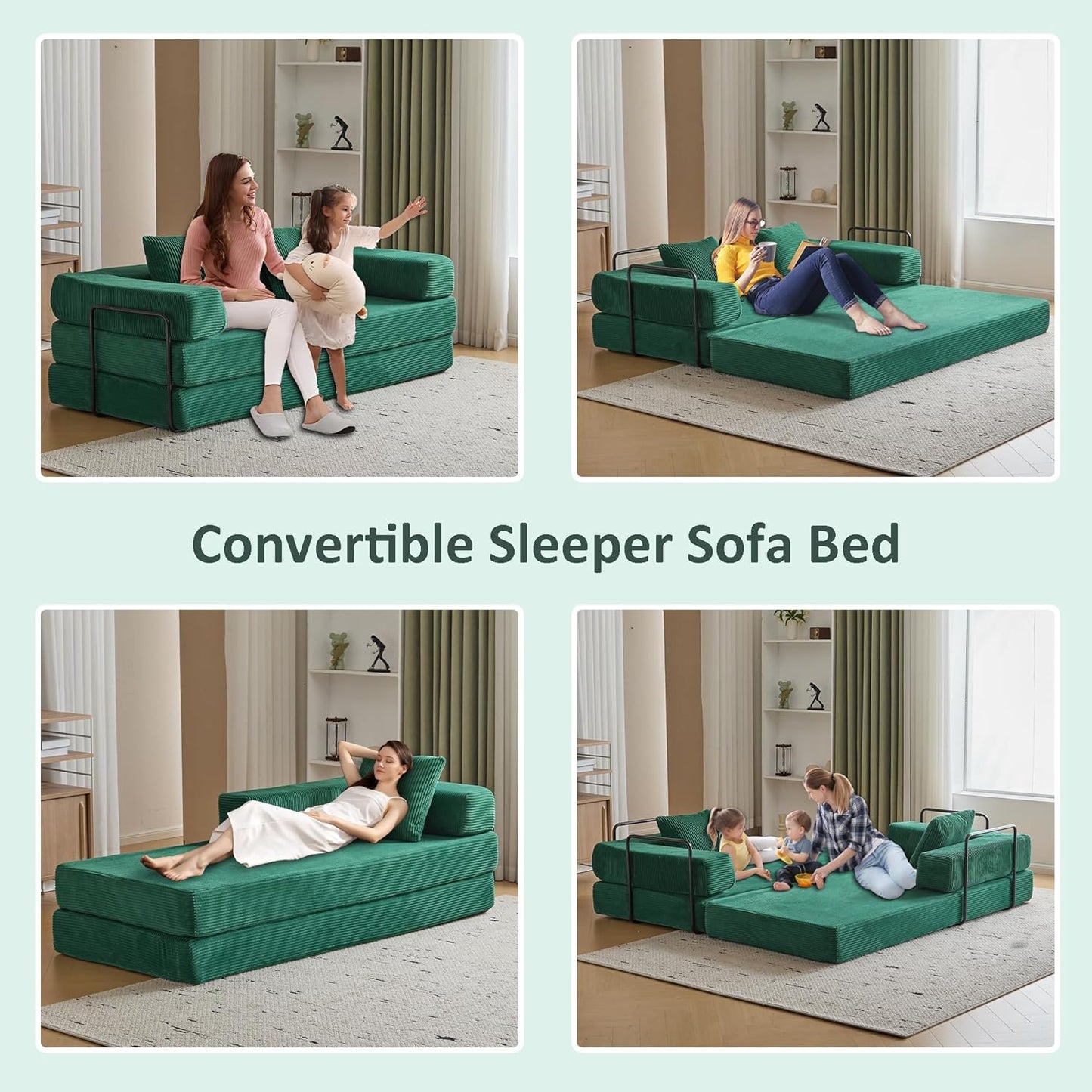 Convertible Sleeper Sofa Bed, Compression Folding Sofa with Pillow, No Assembly Required, Shape Frame, Floor Sofas Lounge Couch for Living Room, Bedroom, Small Spaces(Corduroy, 77''W, Dark Green)