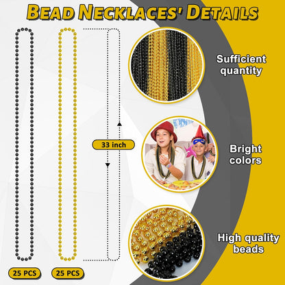 50PCS New Years Eve Bead Party Supplies, Black Gold Bead Necklace, 33" New Years Eve Beaded Necklaces, Festival Mardi Gras Parade Throw Accessories for Halloween Trick or Treat Accessories