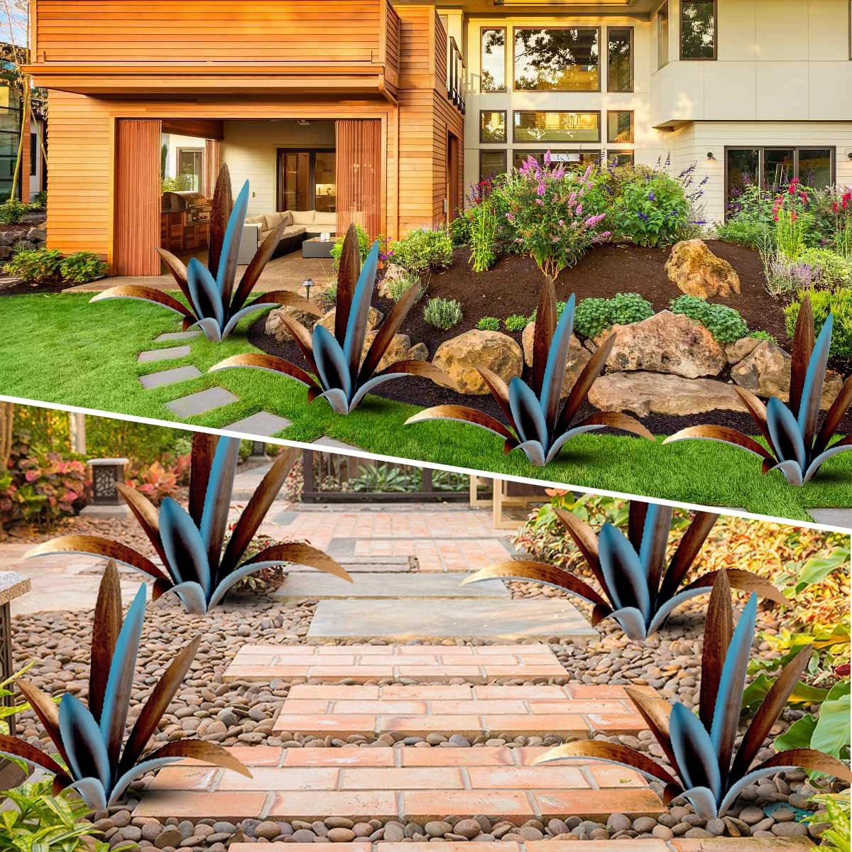 DIY Metal Agave Plant Art Yard Tequila Art Sculpture, Tequila Rustic Garden Sculpture Statue Outdoor Decor,Agave Metal Plants for Yard, Garden Lawn Ornaments (9 Leaves -Blue)